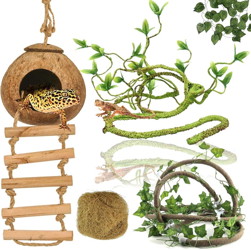 RUNANIA Crested Gecko Tank Accessories, Reptile Vines and Plants Coco Hut Coconut Shell with Ladder Hideout Cave Habitat Decor for Climbing Lizard Leopard Gecko Tortoise Amphibians Hermit Crab - Image 1